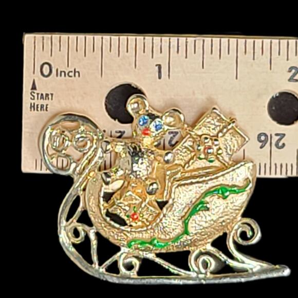 Gold Tone Christmas Santa Sleigh Teddy Bear Rhinestone Brooch Pin Holiday Vtg - Picture 3 of 5